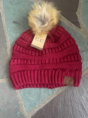 C.C  Burgundy Red Knit Pom Beanie with Faux Fur Pom